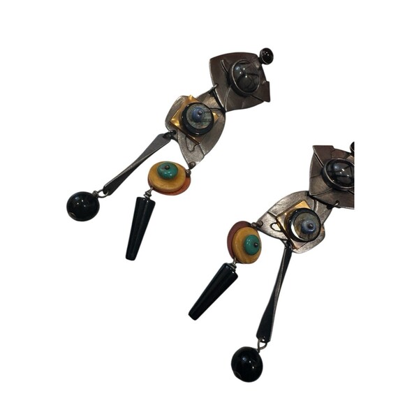 Vintage Modernist Artisan Gale Rothstein Multi Semi Precious Stone Clip Earrings - Picture 5 of 8